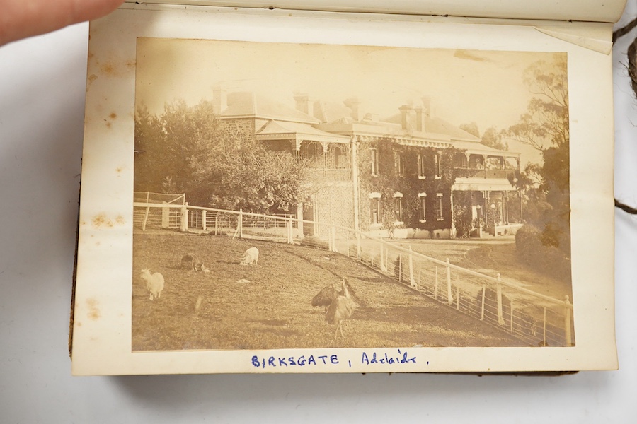 A late 19th century leather bound ‘An Australian birthday book’, containing family history, portrait photos and photos of Adelaide at the time. Condition - the spine and leather cover of book torn, some interior pages fo